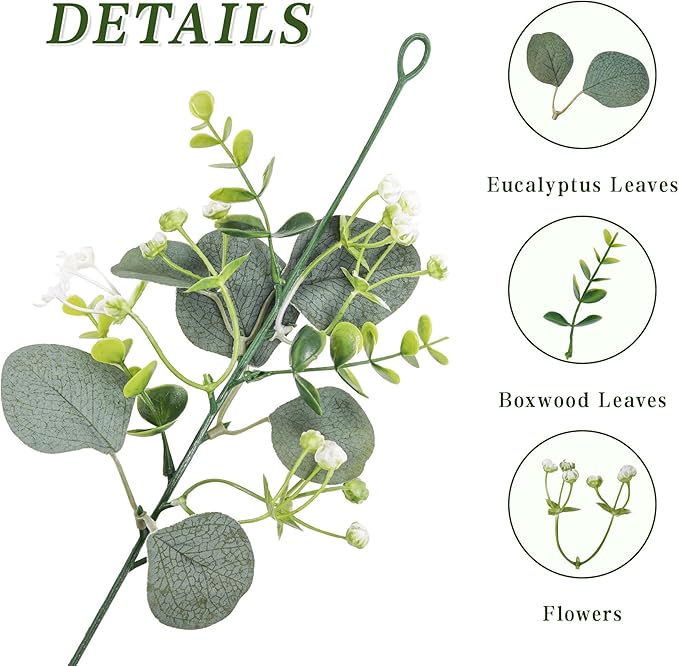 2 Pcs Artificial Eucalyptus Garland,5.9FT Greenery Garland with White Flowers,Faux Silver Dollar Fake Vines Hanging Green for Table Centerpieces Arch Wedding Backdrop Party Indoor Outdoor Decoration