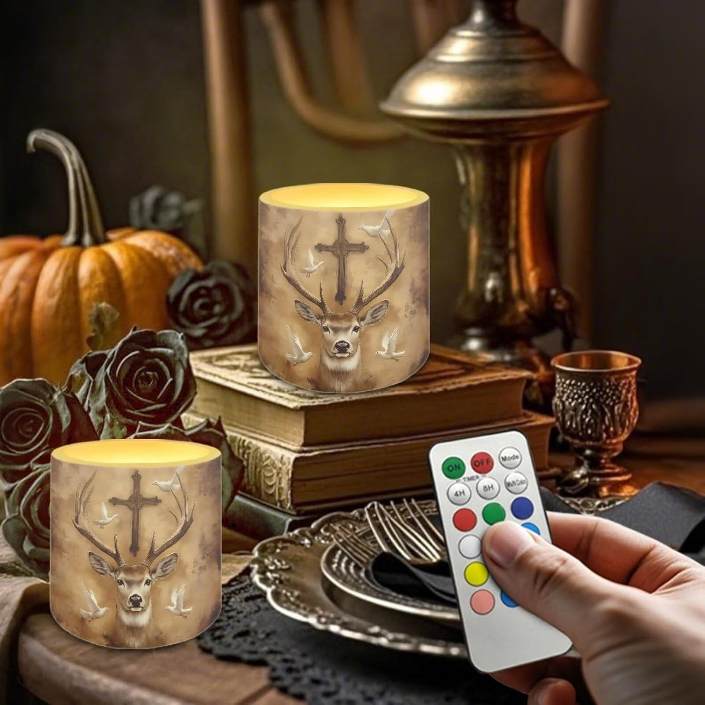 Poceacles Flameless LED Candles 4 Pack with Remote Control, Battery-Powered, Flickering Effect, with 12 Color Changing, Realistic LED Pillar Candles for Home Decor, Deer Cross Dove of Peace Retro