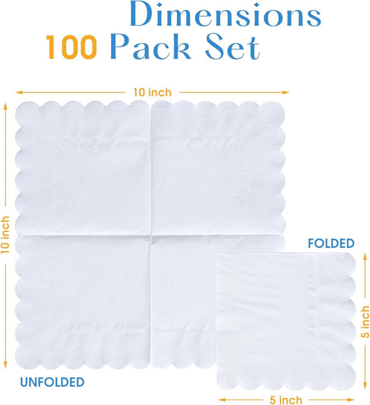 100 Pack Cocktail Napkins, 3-Ply Scalloped Edged Wedding Napkins Folded 5 x 5 Inches Dessert Napkins, Disposable Napkins for Dinner Birthday Party Bridal Anniversary Baby Shower Reception (White)