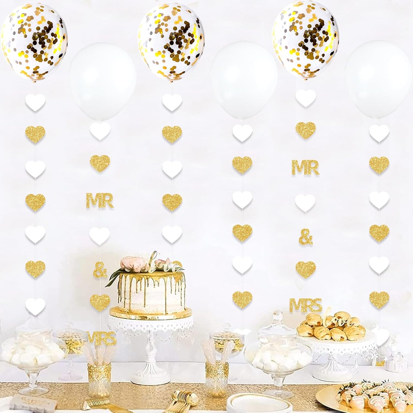 Gold Wedding Party Decorations Gold/White Heart Mr and Mrs Garland with Balloons for Bridal Shower Engagement Bachelorette Party