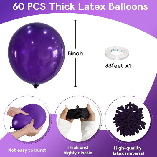 Purple Balloons 5 Inch, 60 Pcs Small Dark Purple Balloon Royal Purple Latex Balloons for Arch 5'' Mini Deep Purple Helium Balloons for Wednesday Birthday Halloween Graduation Party Decorations