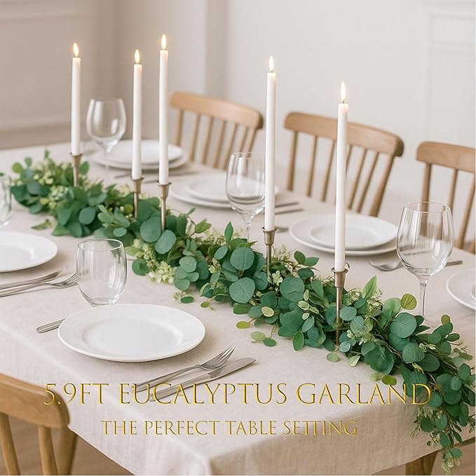 4 Pack Eucalyptus Garland, 5.9Ft Artificial Flowers and Leaves Greenery Garlands for Table, Faux Greenery Garland,Wedding Decorations, Party Decorations, Table Mantel Bedroom Wall Decoration