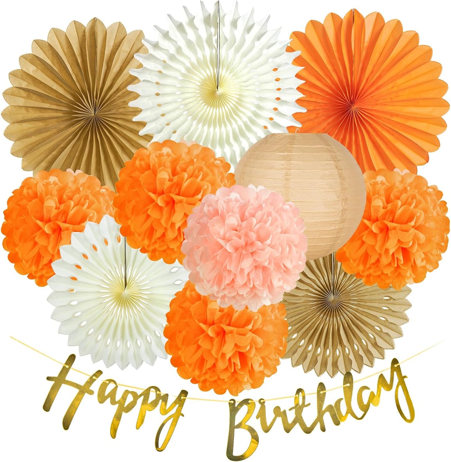 SUNBEAUTY Orange Birthday Party Decorations for Girls Women with Happy Birthday Banner Fall Hanging Paper Fans Tissue Pom Poms Lanterns for Wedding Autumn Thanksgiving Festival Party Decor
