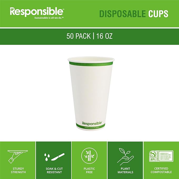 Responsible Products Certified Compostable 16 oz Paper Cups, Cold ＆ Hot Coffee Cups, Disposable Paper Cups, Extra Strength Disposable Cups, Made without PFAS (50 count)