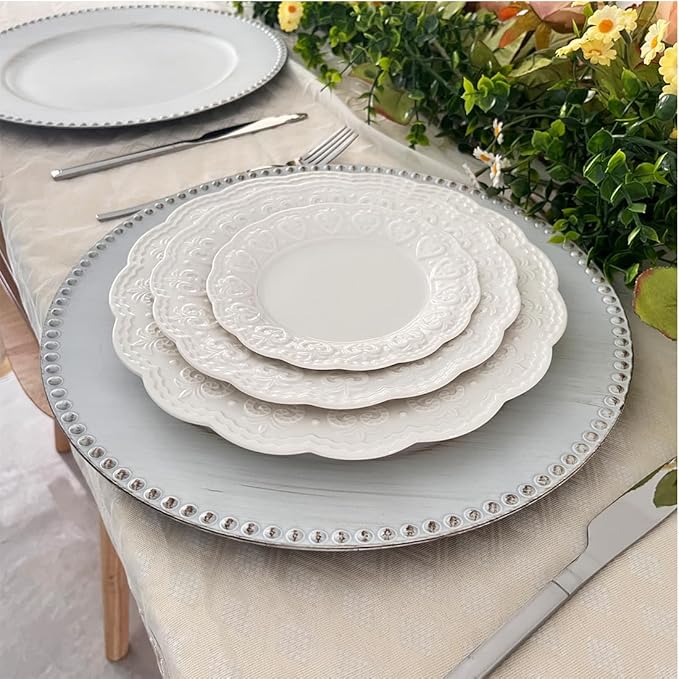 White Charger Plates with Beaded Rim, 13" Vintage Round Charger for Dinner Plates, Set of 6 Plastic Plate Chargers for Wedding Table Setting,Party Decoration.