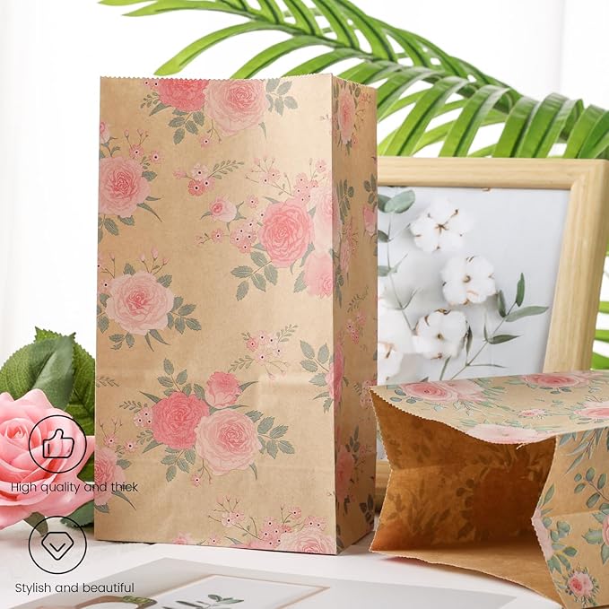 VGOODALL 54 Pack Inch Gift Bags with Stickers, 4.7x3.1x8.7 Inch Floral Party Favor Treat Bags for Wedding Baby Shower Birthday Bulk Gift Packaging Supplies