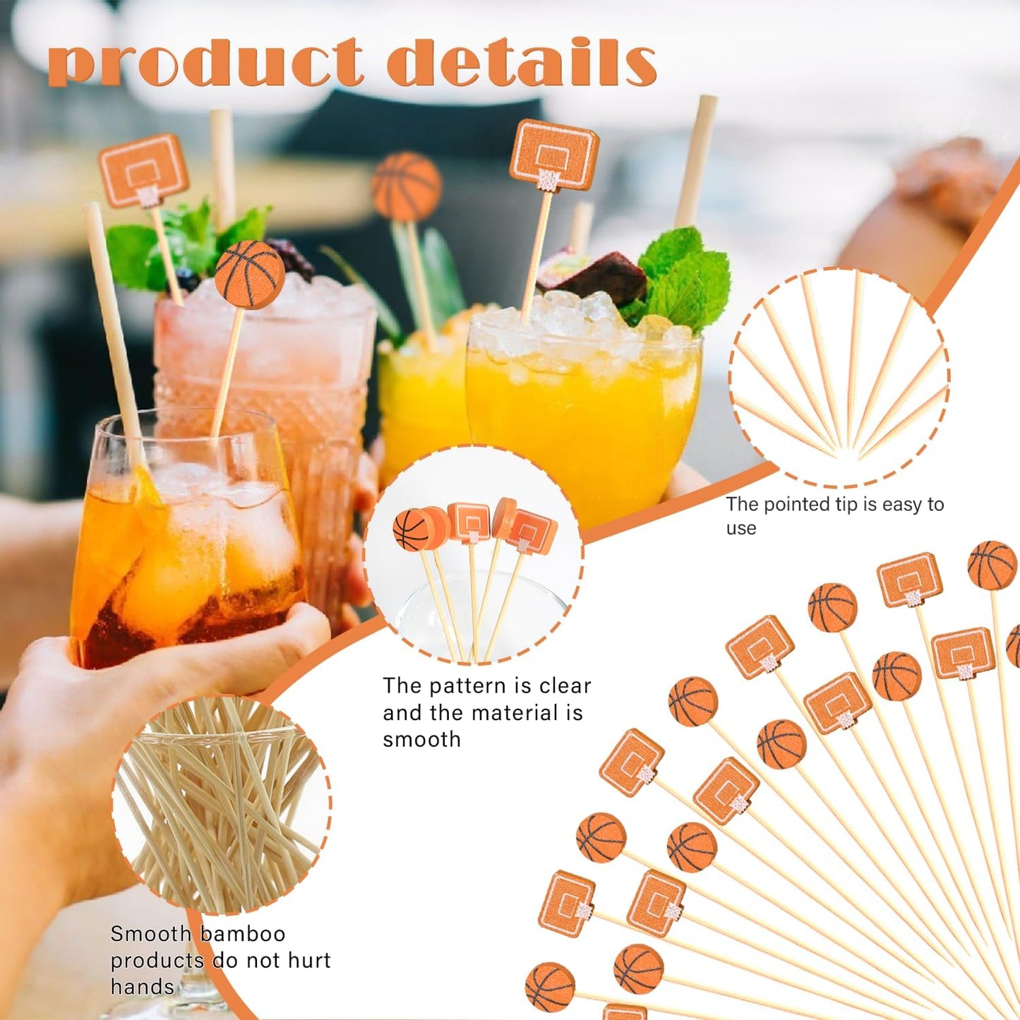 Basketball Cocktail Picks 5” Basketballs Topper Decorative Tip Decoration Toothpicks Skewers Sticks for Appetizers Sandwich Food, Senior Night March Madness Decorations Birthday Themed Party Supplies