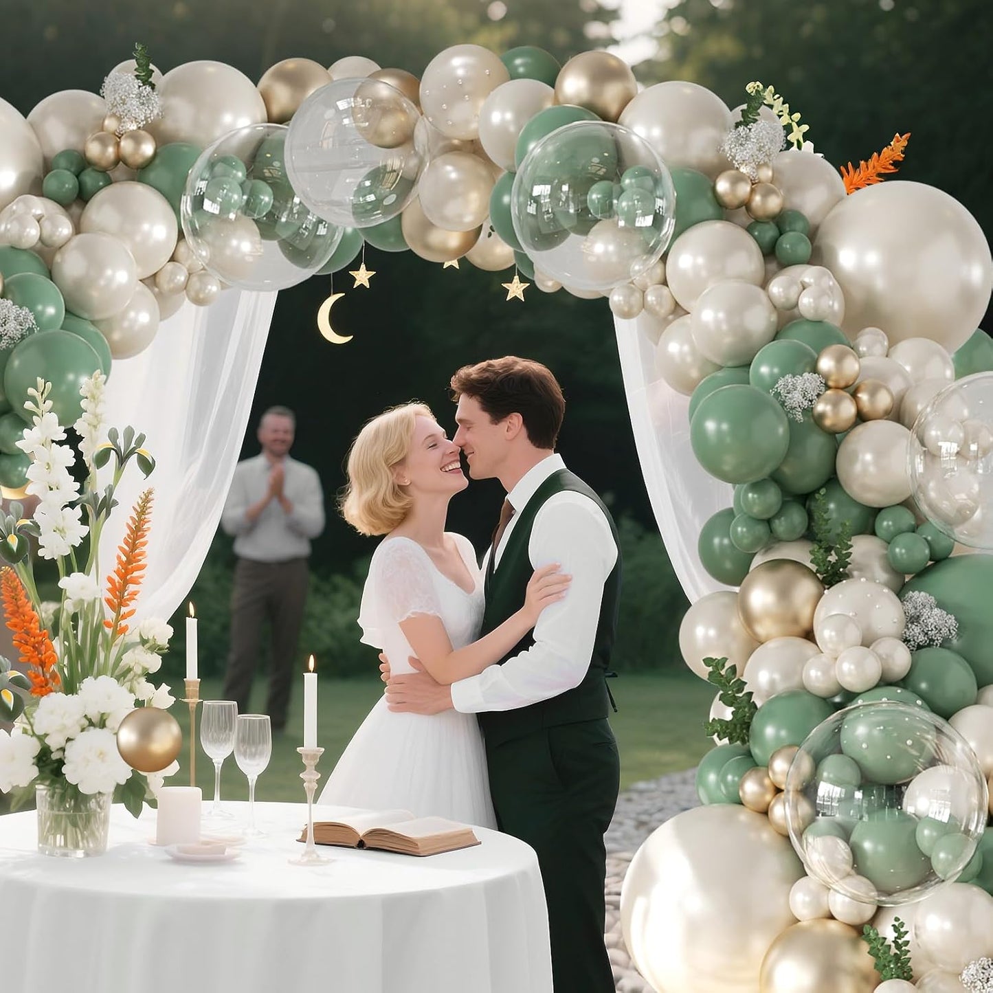 CROSSFINGERS Pearl Sage Green Balloon Arch Garland Kit, 128pcs Double Stuffed Pearl White Gold Balloons for Birthday Wedding Baby Shower Bridal Shower Engagement Party Decoration