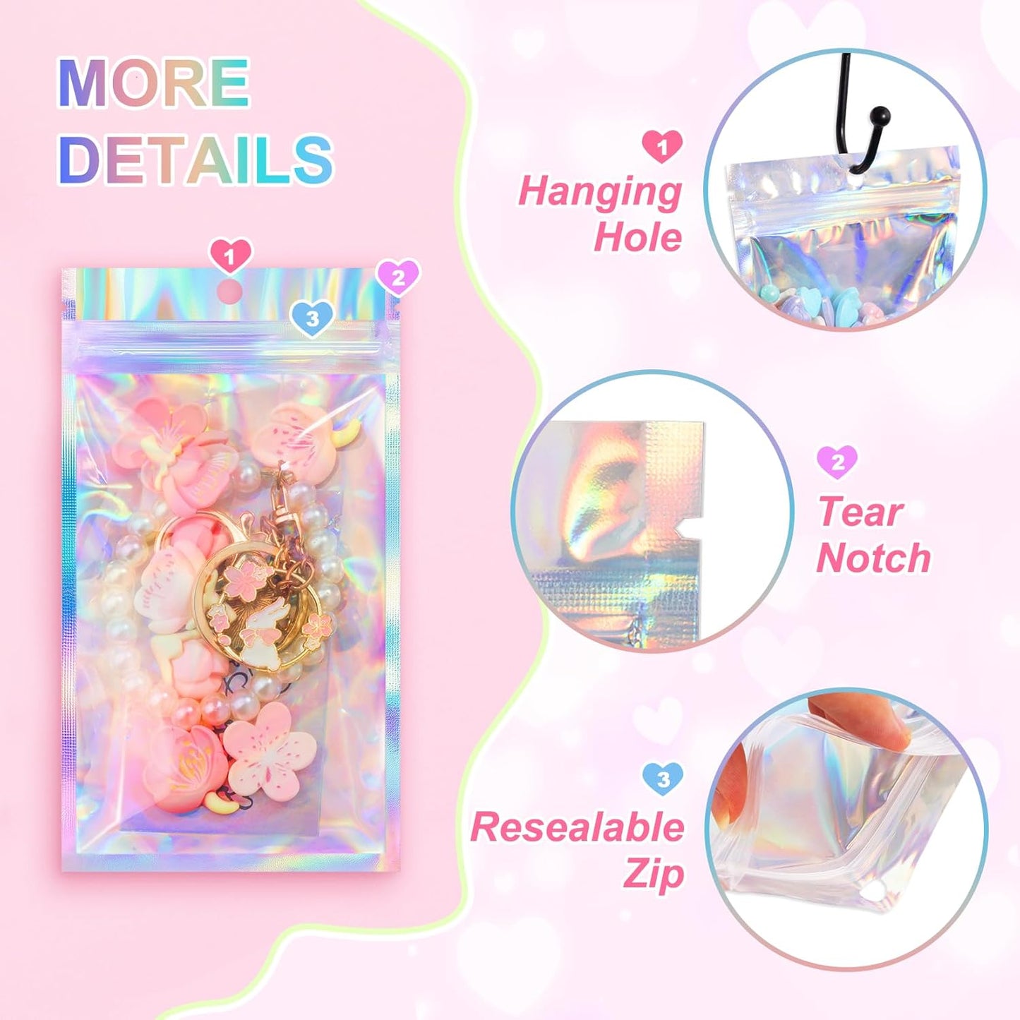 ANZNKU 100 Pack Mylar Bags Reasealable Holographic Bags, Smell Proof Bag Zipper Pouches with Clear Window, Jewelry Candy Sealable Bag for Packaging Sample Party Favor (5.5 x 7.9 Inch)