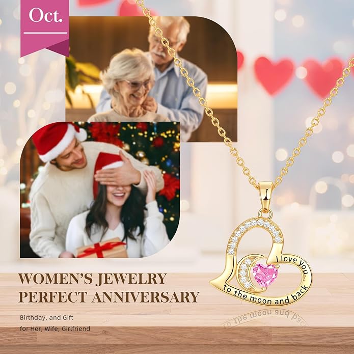 Anniversary Necklace for Women Birthstone Jewelry for Wife Gifts for Her Wife Birthday Gift Ideas Anniversary for Girlfriend I love you to the moon and back Necklaces Filled 925 Sterling Sliver