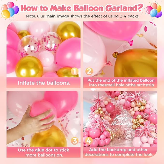 Pink Balloons Garland Arch Kit 153pcs with Star - 22 18 12 10 5in Different Size Shades of Pink and Gold Confetti Latex Balloons for Birthday Baby Shower Wedding Valentine's Party Decorations