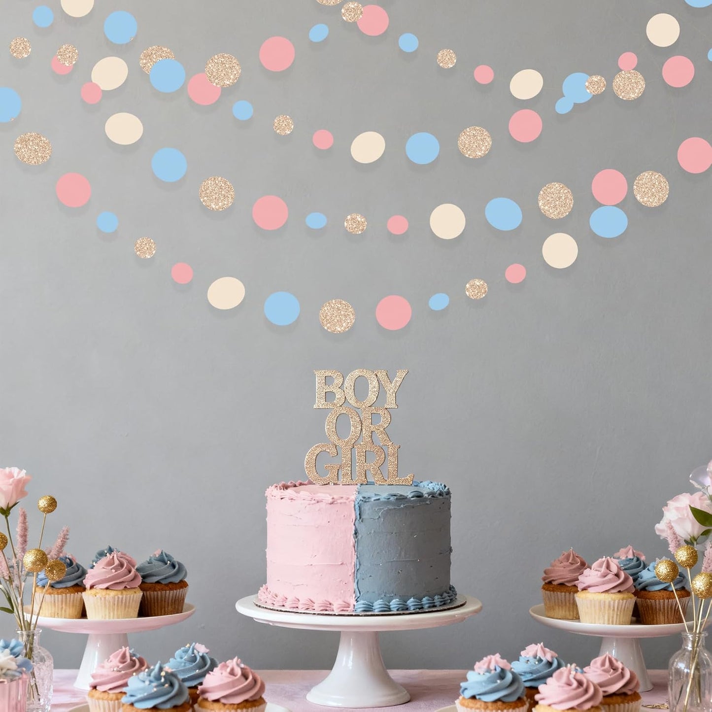 Champagne Gold Dusty Pink Blue Cream Beige Circle Dot Hanging Streamer Polka Dot Garland Banner for Baby Shower Birthday Wedding Bridal Shower Engagement Boho Gender Reveal Party Decorations Supplies
