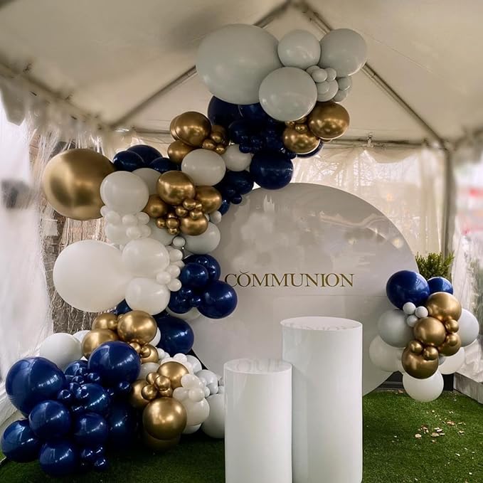 Blue and Gold Balloons Arch Garland Kit, 134pcs Navy Blue Gold White Balloons with Different Size for Graduation, Birthday, Anniversary Party Decorations