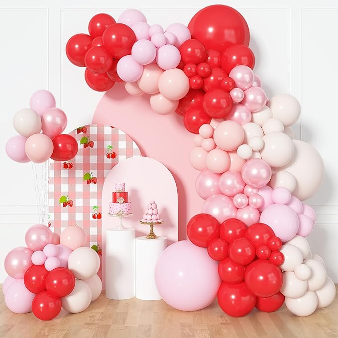 Amandir 153pcs Red and Pink Balloons Arch Garland Kit, Different Sizes 18 12 10 5 inch Strawberry Cherry Pastel Pearl Light Pink Balloon Sweet One Shower Berry First Birthday Summer Party Decorations