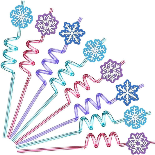 24 PCS Frozen Plastic Straws for Birthday Party Supplies Snowflake Shape Drinking Straws with 2 PCS Cleaning Brushes (Frozen Blue)