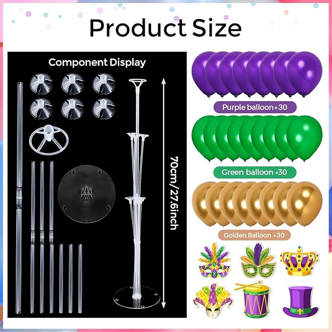6 Sets Balloon Stand Kit for Table Mardi Gras Table Decorations Mardi Gras Table Centerpieces with Balloon Gold Green Purple Float Carnival Fat Tuesday Party Supplies Decoration