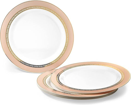 " OCCASIONS " 50 Plates Pack (25 Guests)-Heavyweight Wedding Party Disposable Plastic Plate Set -25 x 10.5'' Dinner + 25 x 7.5'' Salad/dessert plates (Ritz Blush and Gold)