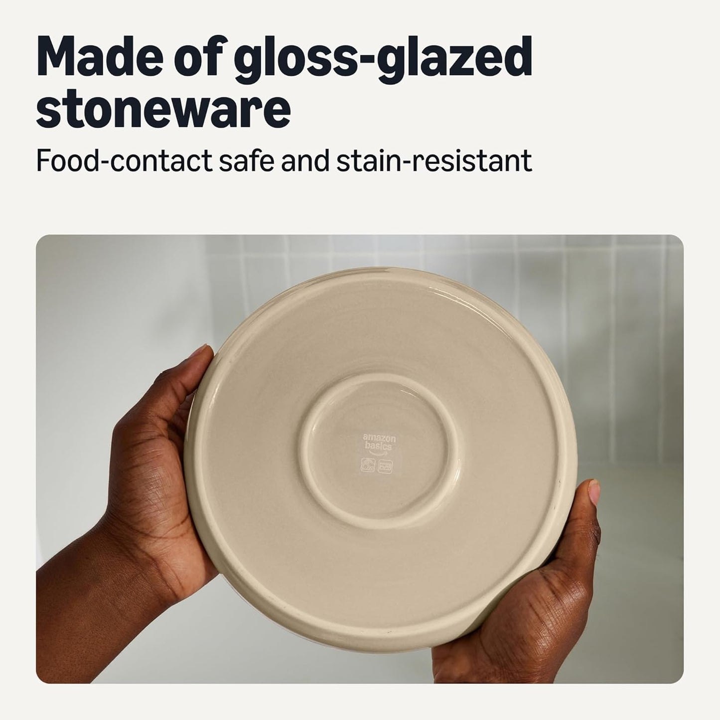 Amazon Basics Glazed Stoneware Dinnerware, 12-Piece Set, 4 Full Place Settings, Dishwasher-Safe, Linen Gray