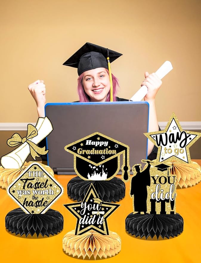 Graduation Table Decorations 2026 - Graduation Centerpieces for Tables, 9 Pcs Black and Gold Honeycomb Centerpieces, 3D Congrats Grad Table Toppers for Class of 2026 Grad Party Decorations