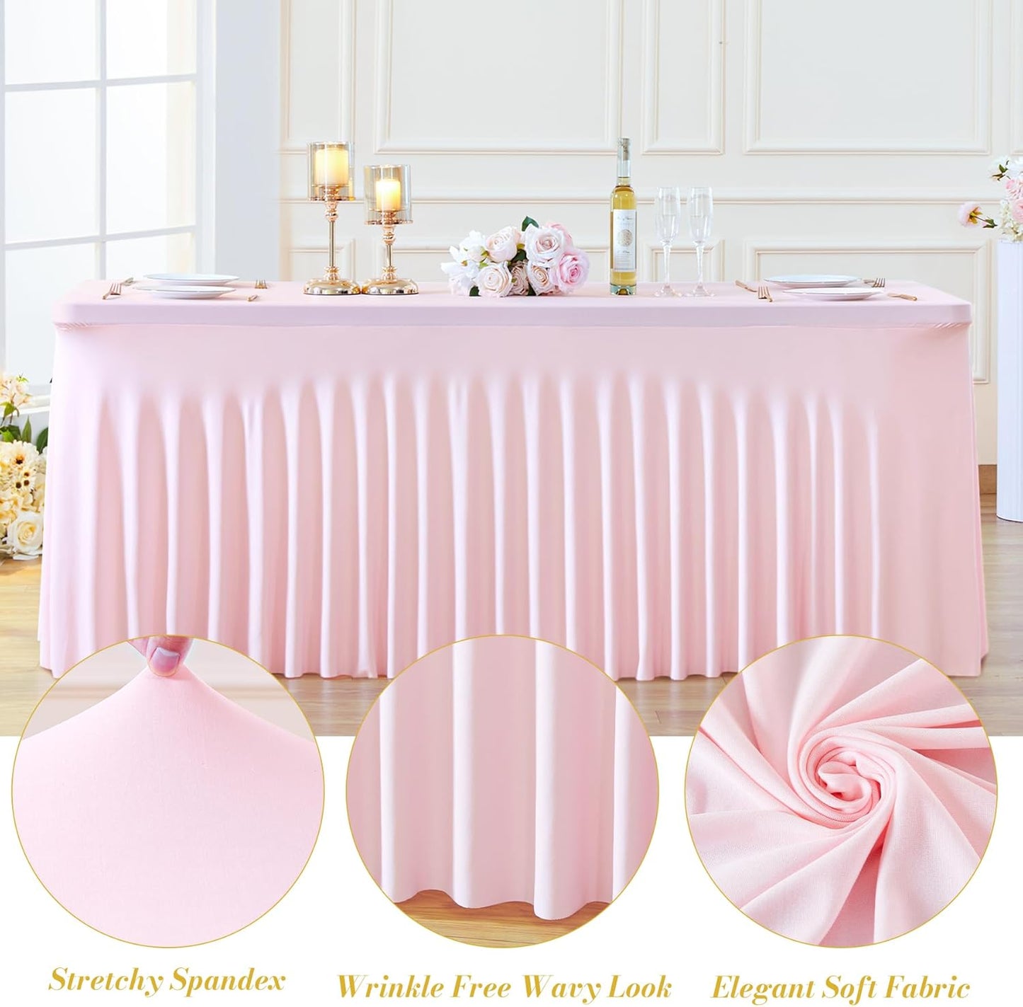 2 Pack Spandex Pink Fitted Table Cloth for 8ft Rectangle Tables Pink Stretch Tablecloth Table Covers Banquet Table Clothes Wrinkle Free Table Skirt for Parties Wedding