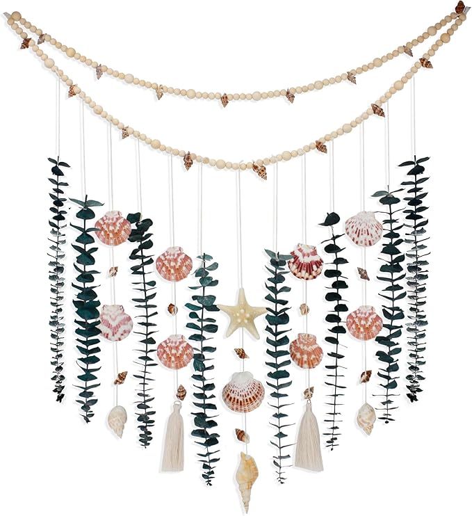 Genuine Eucalyptus Wall Decor with Natural Seashell Beach Decor Coastal Home Decorations with Fresh Eucalyptus Stems Hanging Wooden Bead Garland for Large Bedroom Bathroom Living Room 32 x 32 Inch