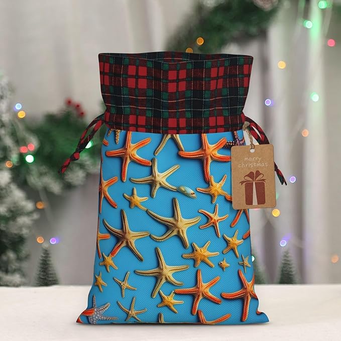 PULaif Blue Background With Many Starfish Christmas Drawstring Gift Bags, Large Size Christmas Bags For Gifts Party Favors, Xmas Gift Bags