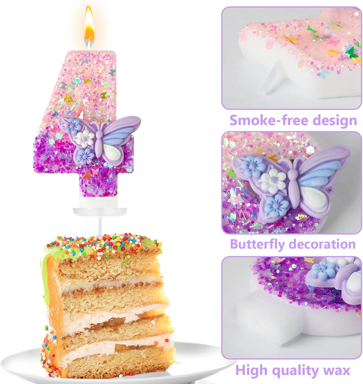 HXOUSE Butterfly Number 4 Birthday Candles - Pink & Purple Butterfly Birthday Candles for Cake, 4 Candle Topper for Anniversary Celebrations Supplies, Fairy Party Decorations for Girl (Number 4)