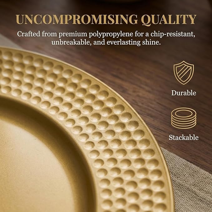 Nicunom 12 Pack Gold Charger Plates, 13 Inch Round Charger Plates with Hammered Rim, Plastic Charger Plate for Wedding Dinner Party Event Decoration