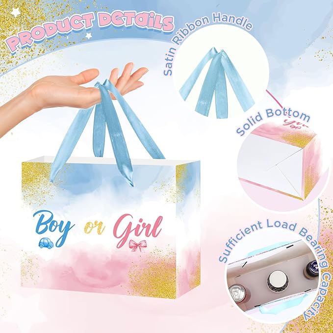 Gender Reveal Gift Bag Blue Pink Boy or Girl Paper Bag with Wrapping Paper Card What Will Baby Be Party Decoration Ink and Wash Treat Candy Bag for Baby Shower Gender Reveal Birthday Party Supplies