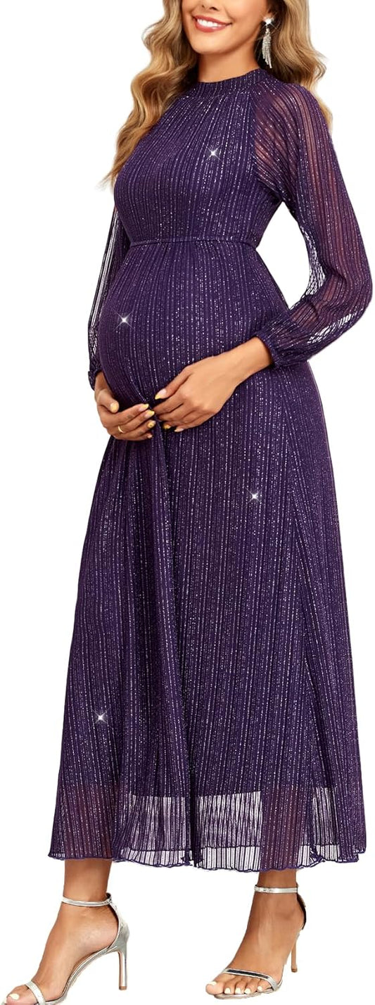 Maternity Sparkly Mesh Dress Halter Neck Sleeveless A Line Pregnancy Dresses Semi Formal Baby Shower Photoshoot