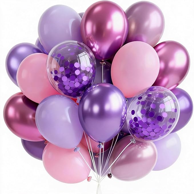 PartyWoo Pink and Purple Balloons 65pcs 12 Inch Baby Pastel Light Metallic Pink Light Purple Lavender Lilac Confetti Balloons for Baby Shower Princess Butterfly Birthday Party Decorations