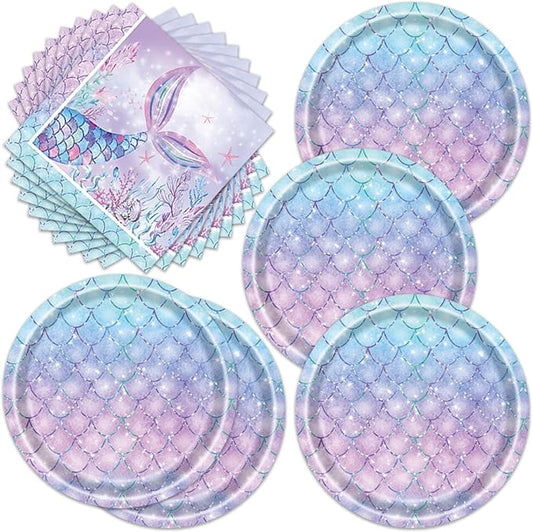 40pcs Mermaid Themed Party Supplies Under the Sea Mermaid Birthday Party Decorations Ocean Party Tableware Set for Girls Baby Shower
