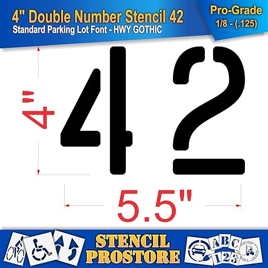 Pavement, Curb, and WheelStop Stencils - 4 inch Double Number Stencil - (42) - 4" x 5.5" x 1/8" (128 mil) - Pro-Grade