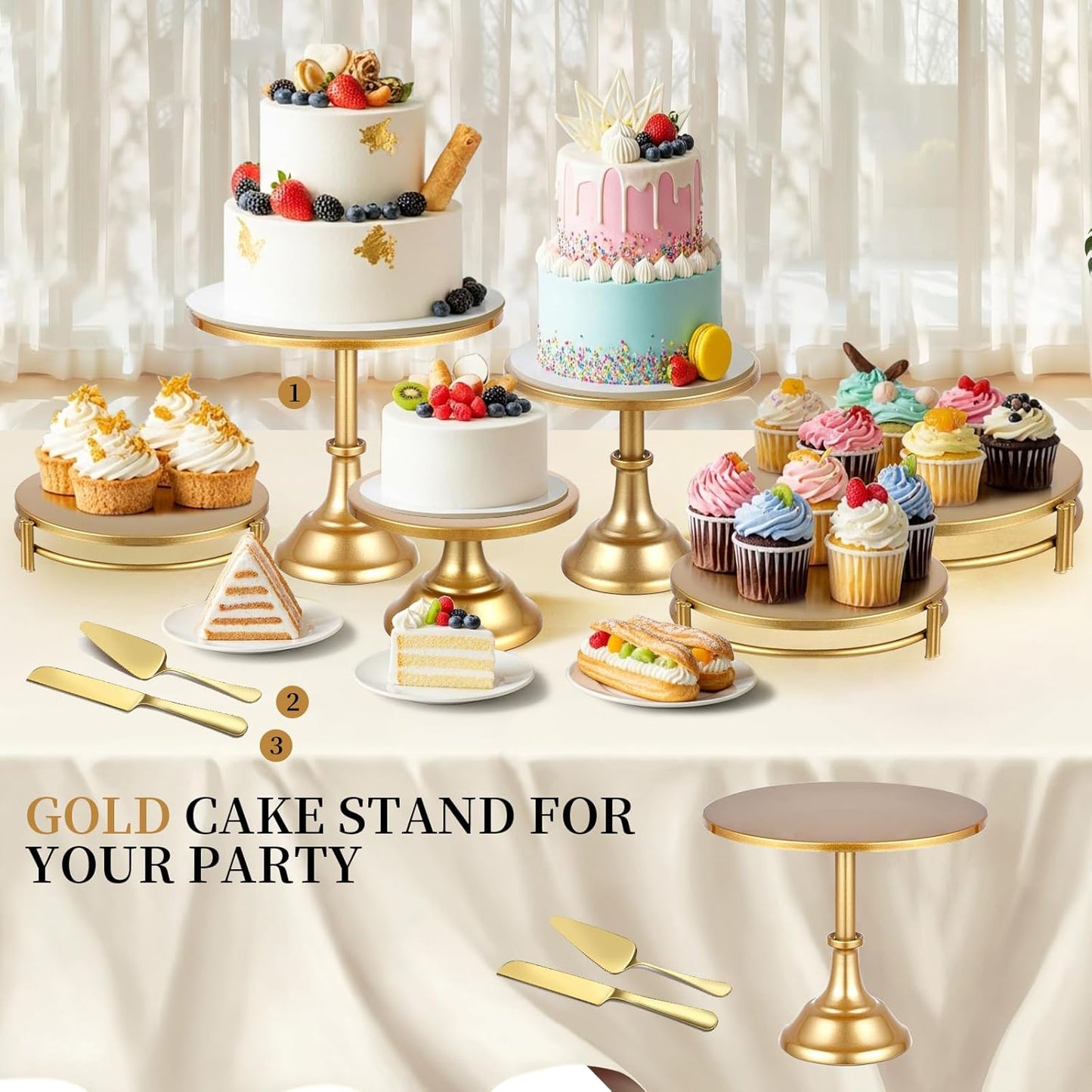 3 PCS Gold Cake Stand with 12 In Gold Pedestal Cake Stand and Cake Cutter Pie Spatula, Cake Display Stand for Wedding, Party, Birthday, Anniversary, Baby Shower, Event Bridal Celebration