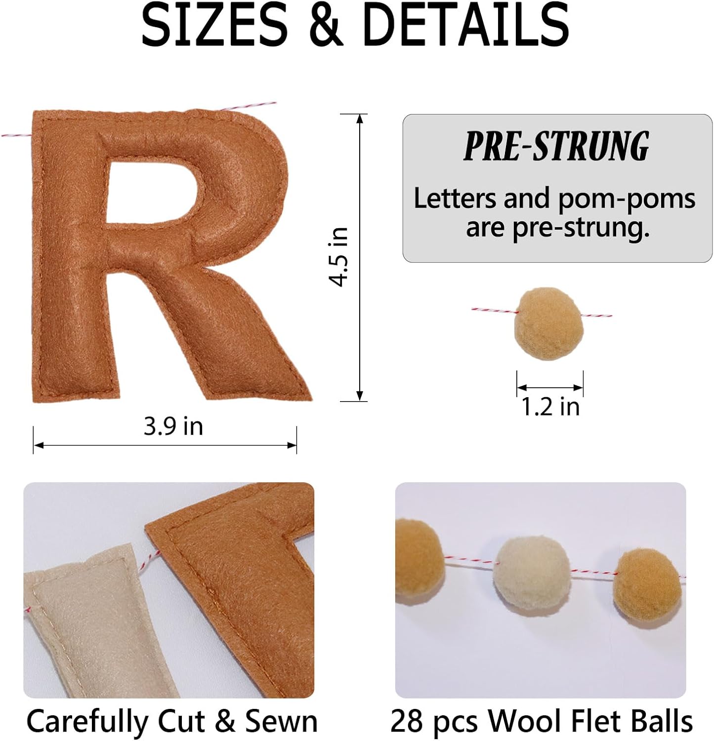 Brown Happy Birthday Banner Felt Ball Garland Pre-Strung Happy Birthday Sign for Party Backdrop Decorations Photo Prop