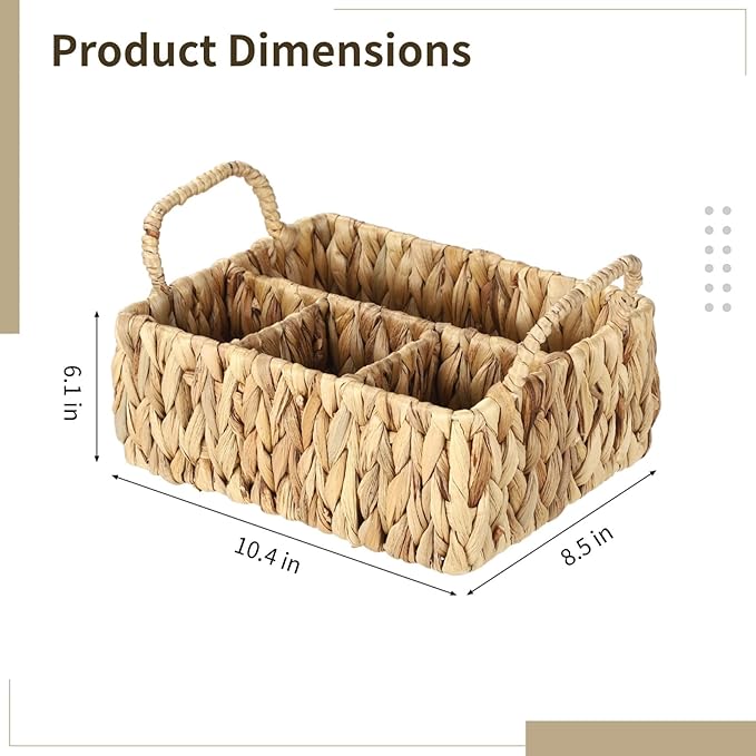 Silverware Basket, Water Hyacinth Utensil Caddy, 4-Compartment Flatware Storage Basket with Dual Handles, Farmhouse Divided Cutlery Holder, Natural Woven Silverware Organizer, 10.4 x 8.5 x 6.1 in