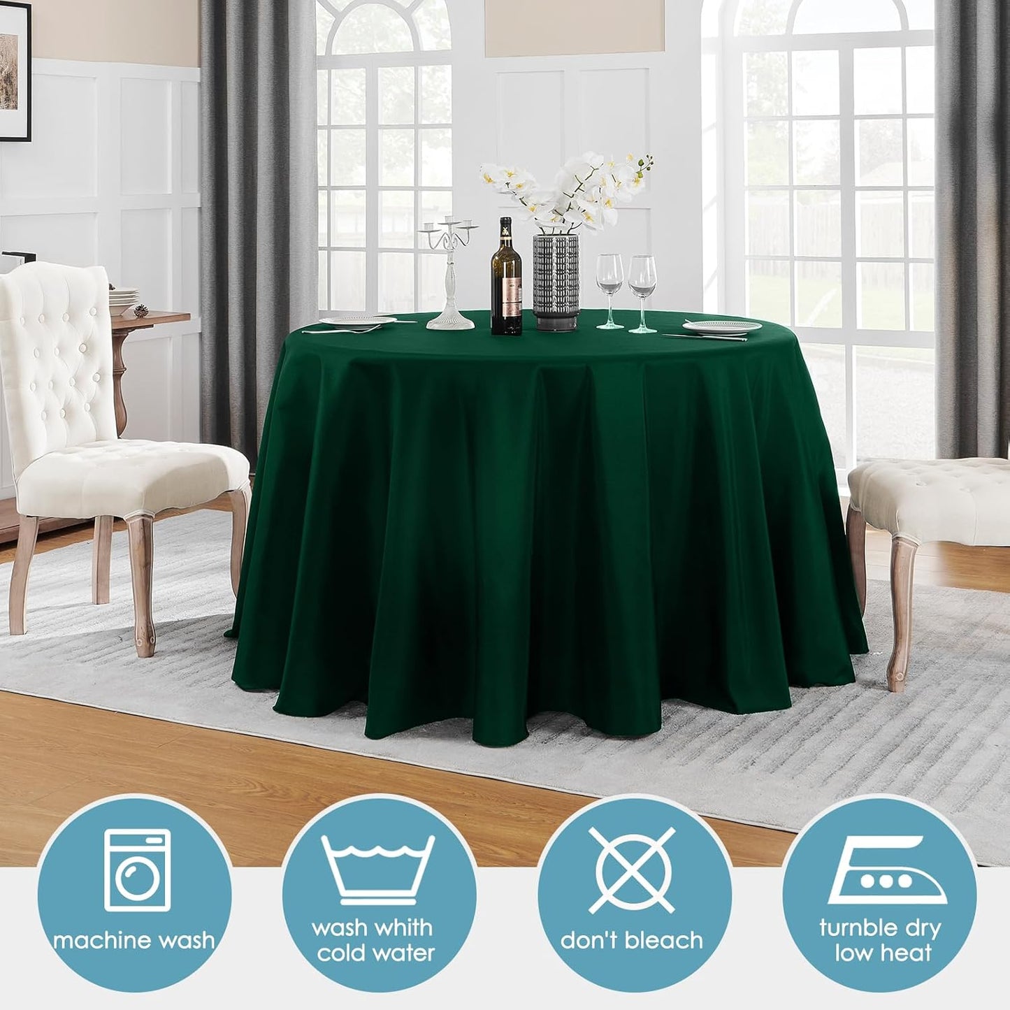 VidaFete Tablecloth 2 Pack 120inch Round Table Cloth Polyester, Stain Wrinkle Resistant Polyester Dining Table Cover for Kitchen Dinning Party Wedding Round Tabletop Buffet Decoration(Green)