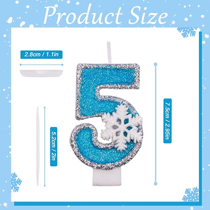 5th Blue Snowflake Birthday Candles Frozen Themed Number 5 Candles for Cake Topper Cupcake Decorations Party Decor Anniversary Celebrations Supplies