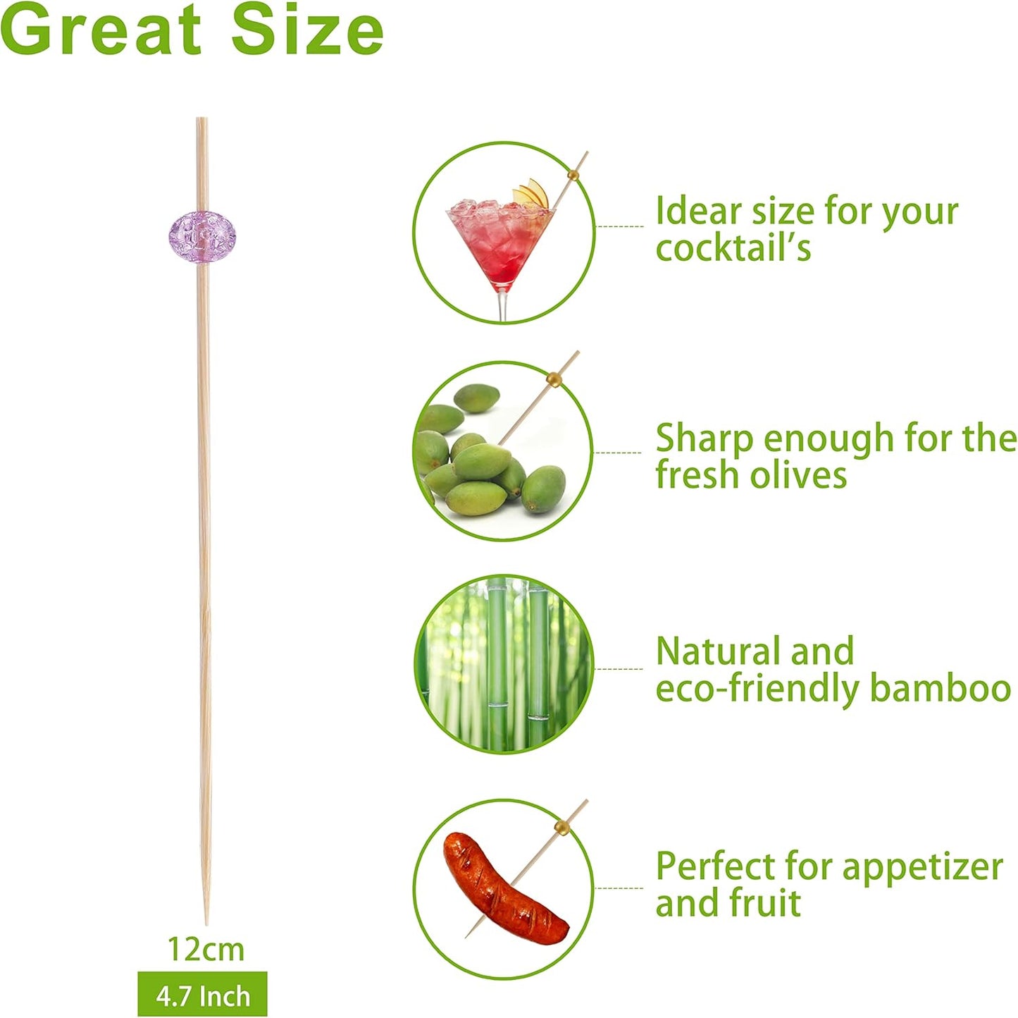 200 Pcs Cocktail Picks, 4.7 Inch Toothpicks for Appetizers, Bamboo Cocktail Sticks Skewers for Drinks, Desserts, Charcuterie, Wedding Party Fancy Toothpicks, Colour Pearl Mini Food Picks Decorative