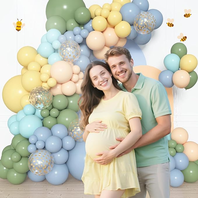 Amandir 153pcs Blue and Yellow Balloon Arch Kit, Different Sizes 18 12 10 5 inch Sage Green Dusty Haze Blue Pastel Yellow Cream Gold Confetti Balloons for Birthday Party Bear Baby Shower Decorations