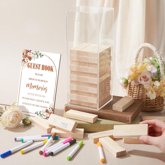 80 Pcs Wedding Guest Book Alternative Wooden Block Guest Book for Wedding Sign in Bridal Shower Decoration Wooden Block Bridal Shower Game for Sign in, Reception(Rustic)