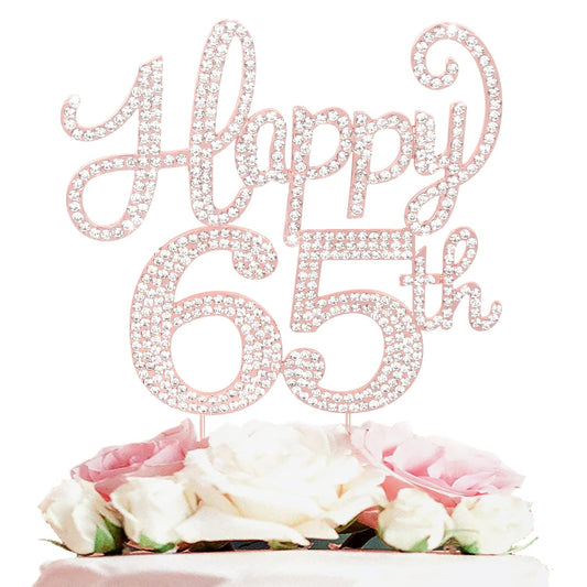 LASKYER Happy 65th Birthday Rose Gold Rhinestone Cake Topper - 65th Birthday/Anniversary,Cheers to 65 Years Old Bday Party Metal Sparkly Centerpieces Decorations.
