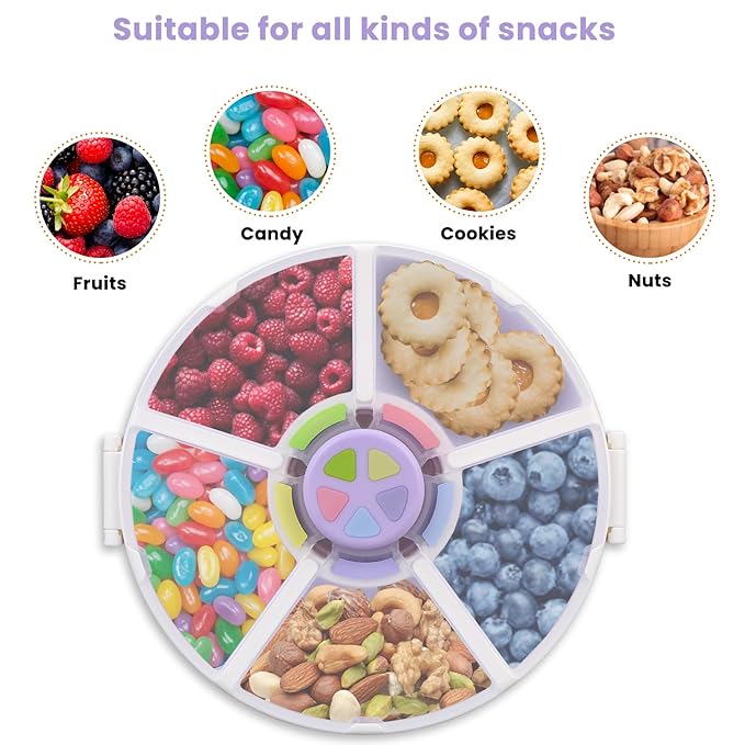 Snack Rotator Container Reusable Snack Box with 5 Compartment Dispenser and Lid, Color Matching Opening Lid, BPA and PVC Free, for Home, School, Travel (1 Pack- Purple)
