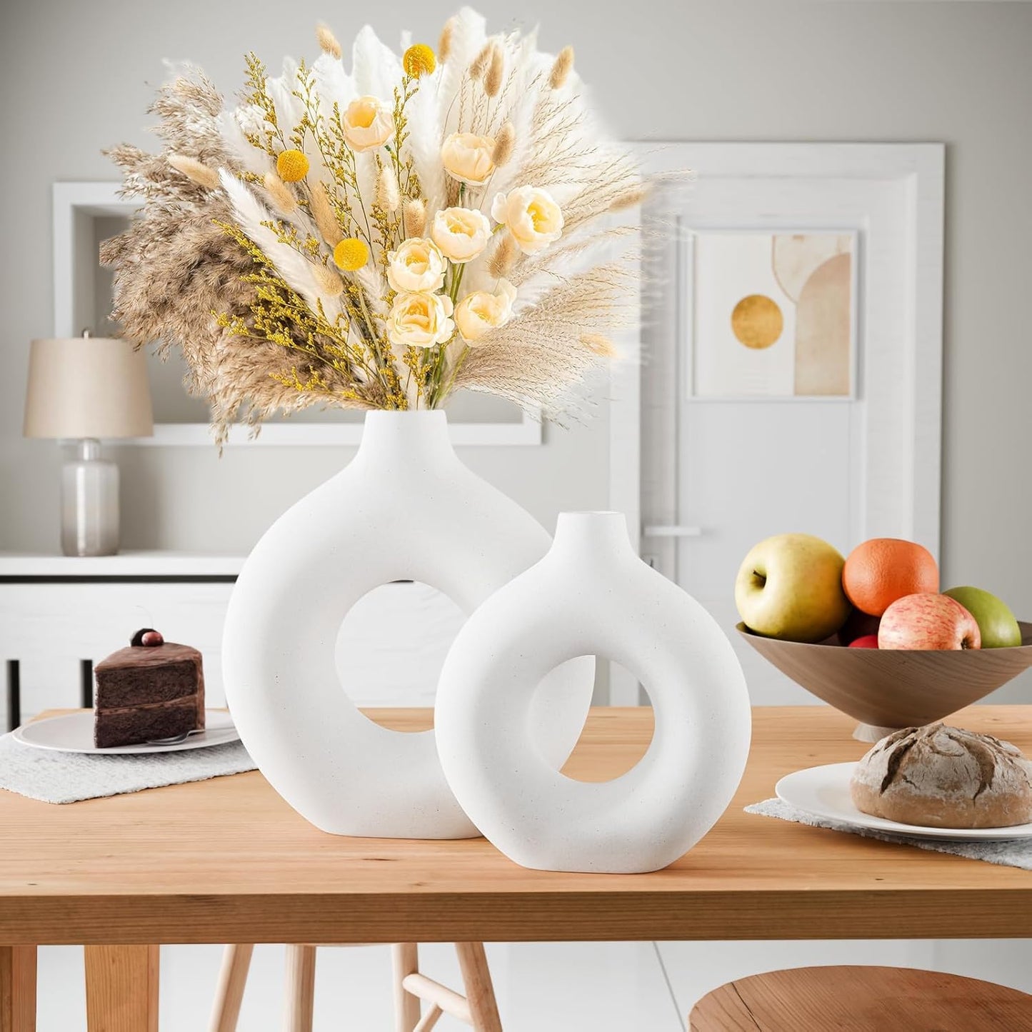 White Ceramic Vases for Decor, Home Decor Ceramic Vase Set of 2, Nordic Room Decorations Vases, Minimalist Decorative Vase for Table Centerpiece Wedding Dining Living Room Office House Decoration