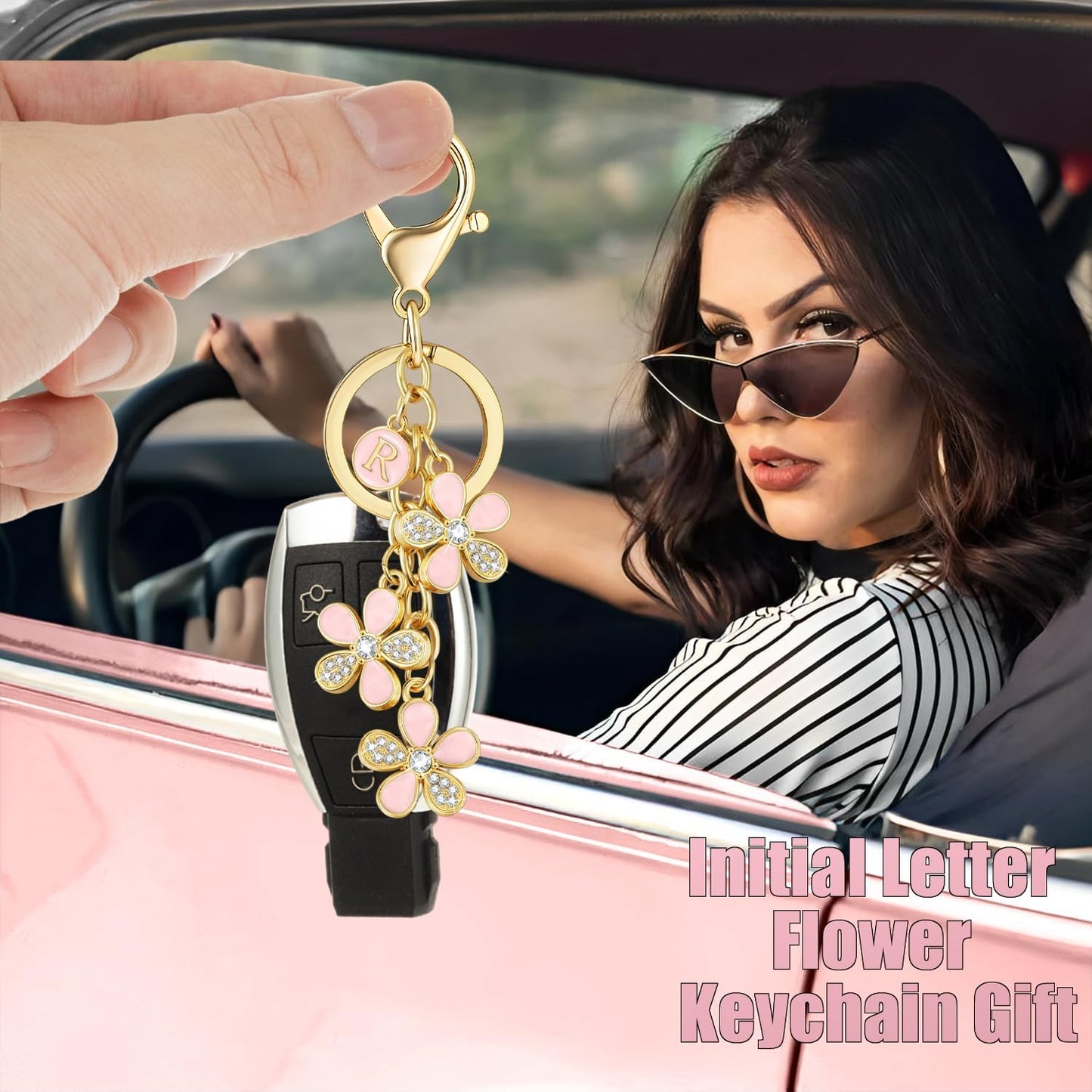 XGALBLA Cute Flower Crystals Rhinestone Initial Letter Keychain for Women, Bag Charms Bling Sparkly Enameled Keychain Handbag