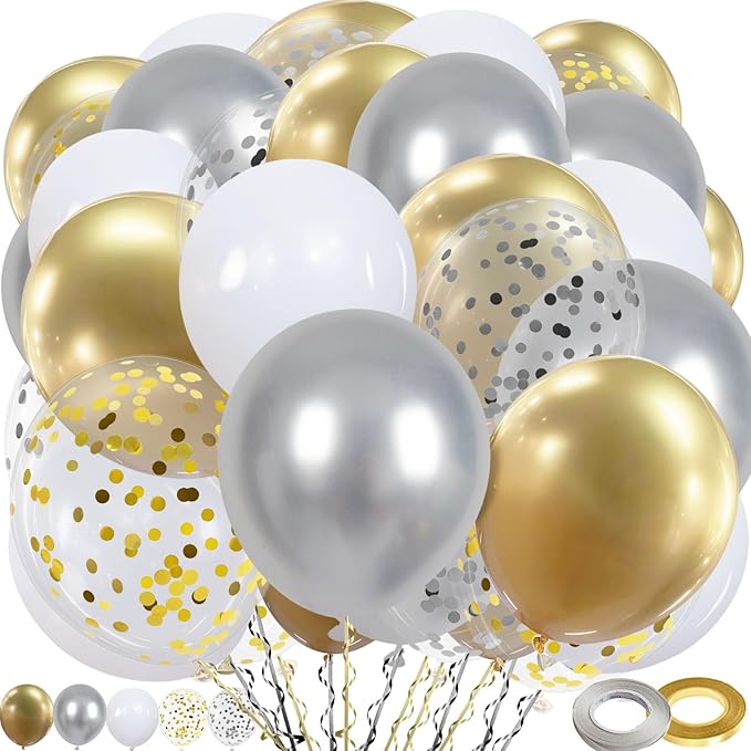 White and Gold Balloons, 60Pcs 12Inch White Latex Balloons Metallic Gold Silver Confetti Balloons with Ribbon for Girls Boys Birthday Baby Shower Wedding Graduation Engagement Party Decoration