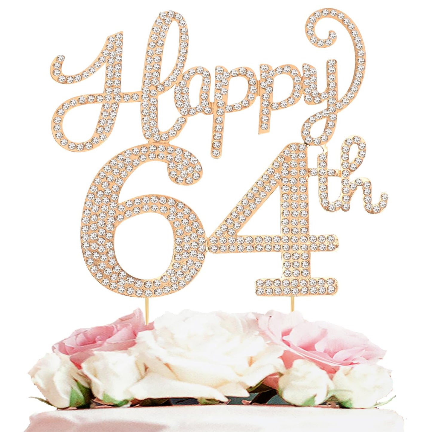Happy 64th Birthday Decorations,64th Birthday Gold Rhinestone Cake Topper - Cheers to 64 Years Old Bday Party Metal Sparkly Cake Centerpieces Sign.