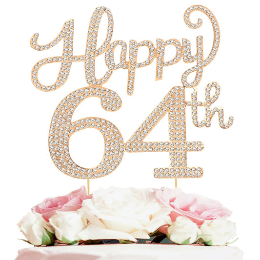 Happy 64th Birthday Decorations,64th Birthday Gold Rhinestone Cake Topper - Cheers to 64 Years Old Bday Party Metal Sparkly Cake Centerpieces Sign.