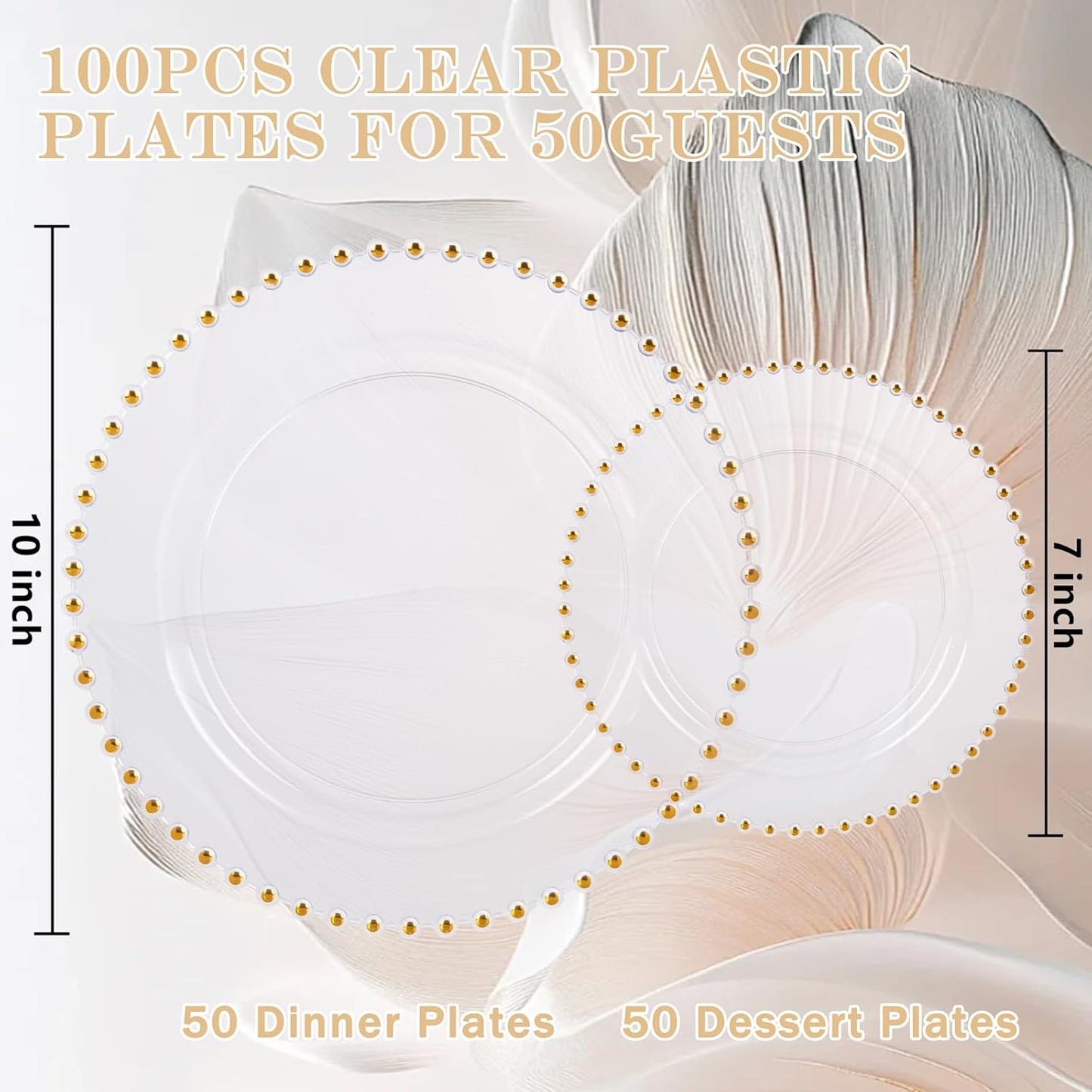 supernal 100pcs Clear Plastic Plates with Gold Beads-Clear and Gold Plastic Plates Disposable Heavy Duty-50 Dinner Plate 10.25inch and 50 Dessert Plate 7.5inch for Wedding,Birthday,Bridal Showers