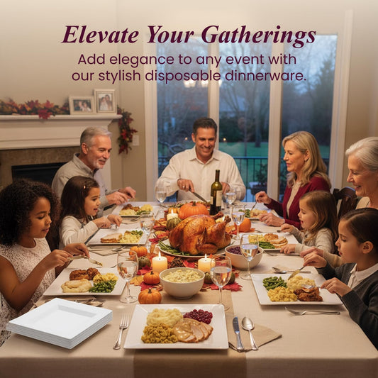 Aya's Cutlery Kingdom 100 Square Plastic Plates - Heavy Duty Disposable Plates - Includes 50 Dinner Plates (10-Inch) and 50 Salad Appetizer Plates (7-Inch) - Elegant White Party Plate for Holidays